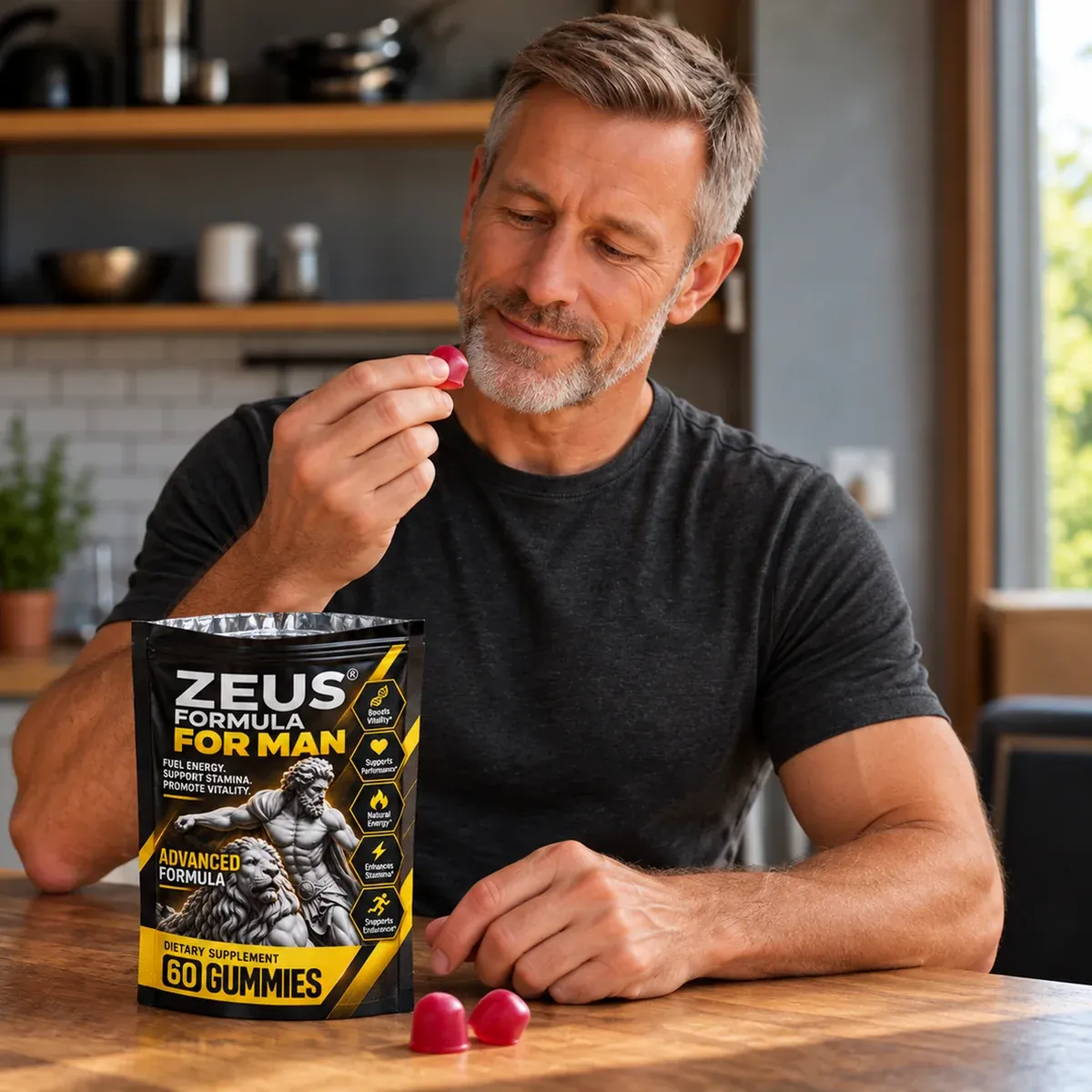 Man preparing Zeus supplement in a kitchen